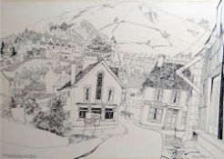 TOM HUTCHINSON pen & ink drawing for a series of prints - the town of Porth, South Wales,