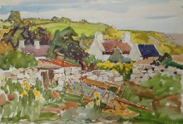 WILL EVANS watercolour - sunny scene with old coastal cottages and farm-trailer, circa 1960s, 38 x