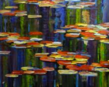 STEPHEN JOHN OWEN oil on canvas - colourful study of water lilies, signed with initials, 80 x