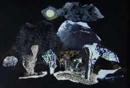 GLYN MORGAN mixed media - semi abstract night scene with woods, mountain & moon, signed & dated '