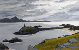 DAVID BARNES oil on board - expansive view of Llanddwyn Isle of Anglesey with the Rivals in the