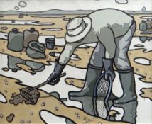 ALAN WILLIAMS acrylic on panel - two figures at work on the beach, entitled verso 'Cockle Picker',