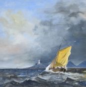 CHRIS LAST acrylic - sailing boat in Swansea Bay with Mumbles lighthouse under stormy sky, signed