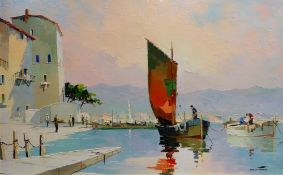D'OYLY-JOHN oil on canvas - fisherman & boats in French harbourside, entitled verso 'Cassis, South
