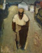 WILL ROBERTS oil on board - early-career standing farmer in a yard with buildings, entitled verso '