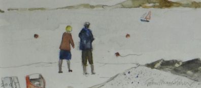 JOHN KNAPP FISHER watercolour - two figures on the shore and sailing boat, signed and dated 2005,