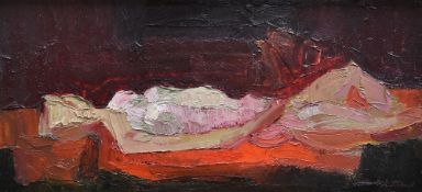 EWART JOHNS oil on board - reclining figure, entitled 'Nude on Red Rug 1959', signed, 23 x 51cms