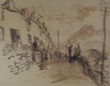 FELIX TOPOLSKI watercolour - street scene with figures, entitled 'View of Welsh Mining Village',