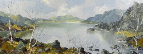 CHARLES WYATT WARREN oil on board - Snowdonia lake with silver-birch trees, entitled verso 'Cwm