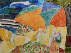 EWART JOHNS oil on board - reclining figure and landscape, entitled 'A Place in the Sun 1990',