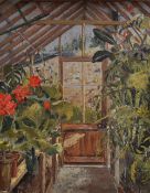 J B TREATT oil on board - potted plants on greenhouse tables, entitled verso 'Greenhouse, St