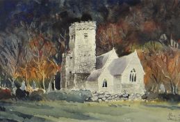 ALUN DAVIES watercolour - church and woodland, entitled verso 'Eglwys Llawhaden', signed, 21 x 31cms