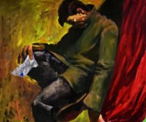 KEVIN SINNOTT oil on canvas - despondent man in overcoat seated & hunched with paper in hand,