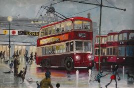 NICK HOLLY oil on canvas - nostalgic view of Cardiff town-centre with 1960s trolley-buses and