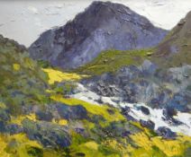 GWILYM PRICHARD oil on canvas - Snowdonia with mountain-stream, entitled verso 'Tryfan', signed with