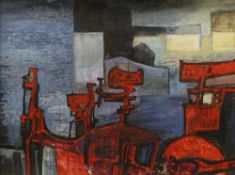 OGWYN DAVIES oil on board - farmyard with red machinery and buildings, entitled verso 'Cardiganshire