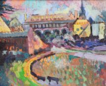 DAN LLYWELYN HALL oil on canvas - semi abstract view of a large church entitled verso 'Monologues