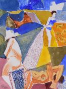 EWART JOHNS watercolour - semi-abstract entitled verso 'Umbrella and Three Figures', signed with