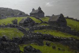 SIR KYFFIN WILLIAMS RA oil on canvas - upland dwelling with dry-stone walls and barns, entitled