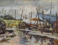 ALFRED BURGESS SHARROCKS oil on board - Anglesey boatyard scene, signed & with title label verso