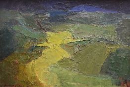 EWART JOHNS oil on board - green and blue landscape, entitled verso 'Donegal No. 3 1962', signed, 32