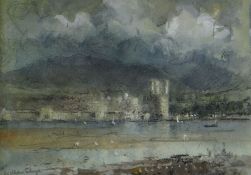 WILLIAM SELWYN watercolour - Menai Straits with Caernarfon Castle and Snowdonia beyond, entitled