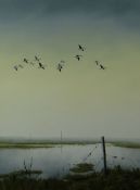 JOS HILLIARD oil on board - flock of geese over marshland waters, signed, 39 x 29cms