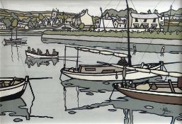 ALAN WILLIAMS acrylic on panel - figures in a rowing boat, sailing boat and village, entitled