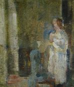 LEONARD BEARD oil on panel - seated figure, entitled verso 'Interior' on Martin Tinney Gallery label