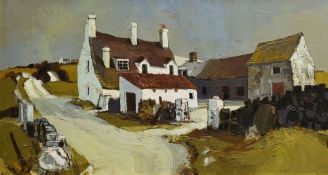 AUDREY HIND oil on board - Anglesey lane with cottages, entitled verso 'Traeth Trefadwy', signed, 48