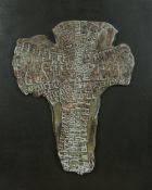 OGWYN DAVIES ceramic on panel - Celtic cross impressed with Welsh text, signed with impressed seal