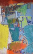 EWART JOHNS oil pastel on paper - landscape, entitled 'Towards the Quay', signed with initials, 49 x