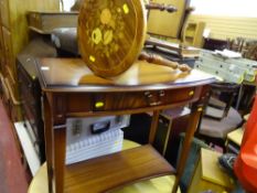 Mahogany console table and three legged floral motif stool
