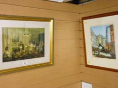 Framed Victorian style print of an interior dining scene and one other of a city street scene