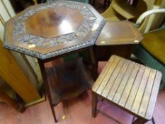Carved octagonal occasional table with lower tier, a sewing box and a small occasional table
