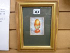 JOY FARRELL JONES RCA tempera - Oriental patterned eggcup with egg, signed label verso
