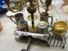 Brass candelabra, pewter items etc