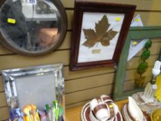 Leaded glass panel, framed sycamore leaf, bevelled glass circular wall mirror etc