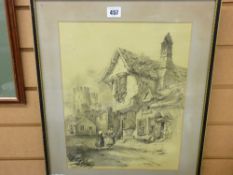 Historical black and white print of Castle Street, Conwy with figures in Welsh dress chatting