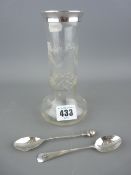 Vintage glass bud vase with silver collar along with two silver teaspoons