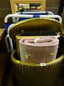 Loom style oval basket and contents and a pair of metal framed chairs, wooden framed mirror etc