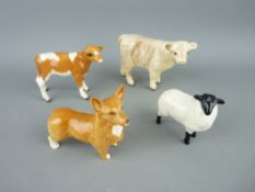 Two Beswick calves, a corgi and a model of a sheep