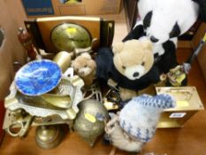 Mixed selection of vintage brass, soft toys and clocks