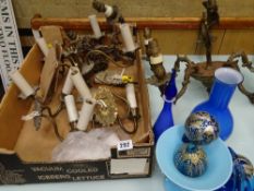 Parcel of metallic antique lighting, collection of art glassware etc