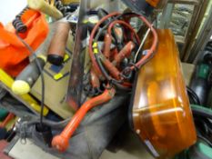 Satchel containing assorted mainly garage items including rooftop vehicle lamps etc