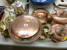 Two copper kettles, copper long handled bedwarming pan, items of brassware etc