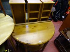 Pine half moon console table and three CD storage towers