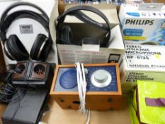 Assortment of stereo headphones including a pair of AKG K340 and similar items