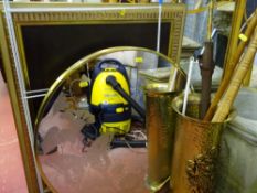 Bamboo framed mirror, circular butterfly etched mirror, brass stickstand and contents etc (a