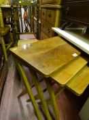 Interesting nest of three tables with 'Y' shaped legs and a cane seated bedroom chair